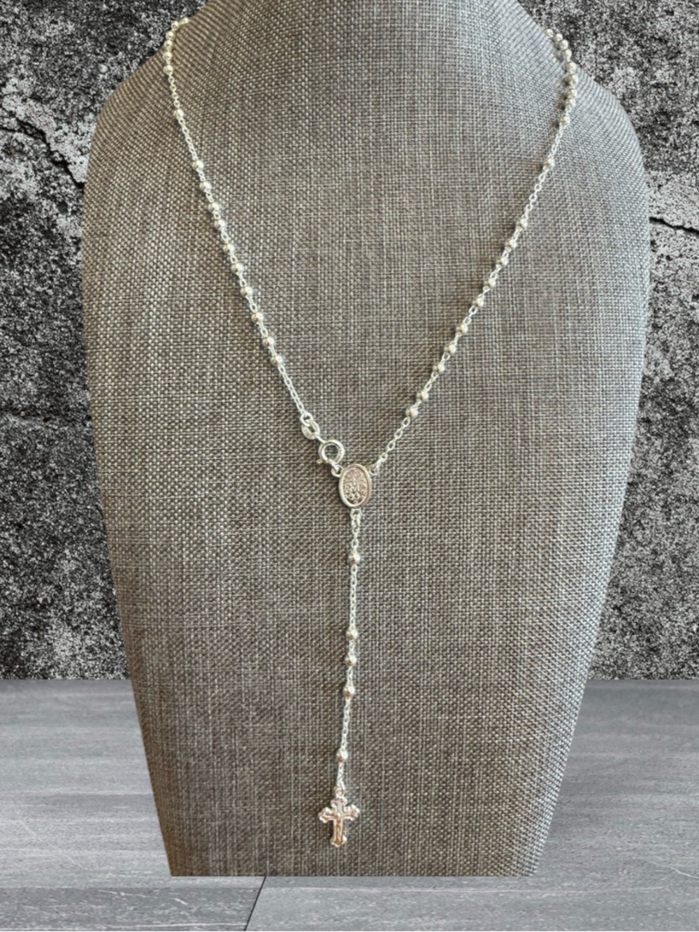 925 Sterling Silver Rosary-Style Cross Lariat Necklace in Silver